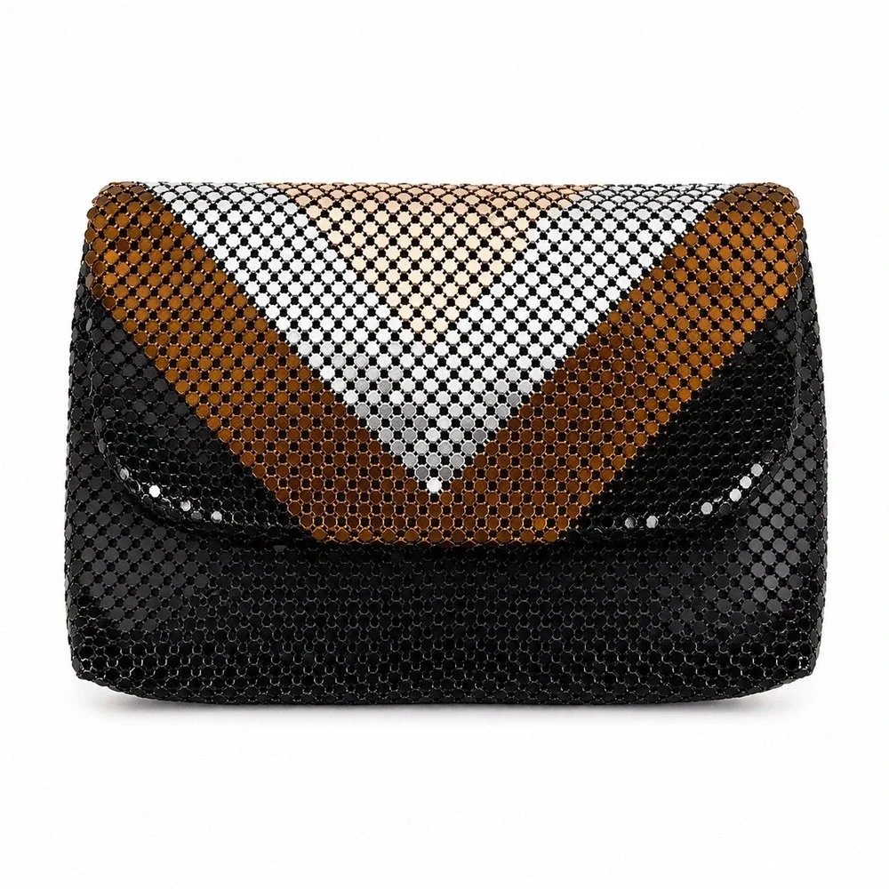 Vintage Style Metal Mesh Chevron Clutch Bag Black Gold Silver Evening Purse